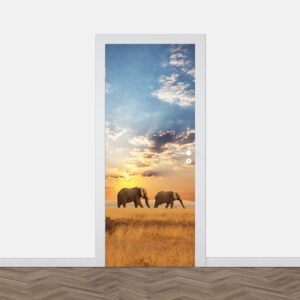 Adesivo per porta Elefanti al tramonto