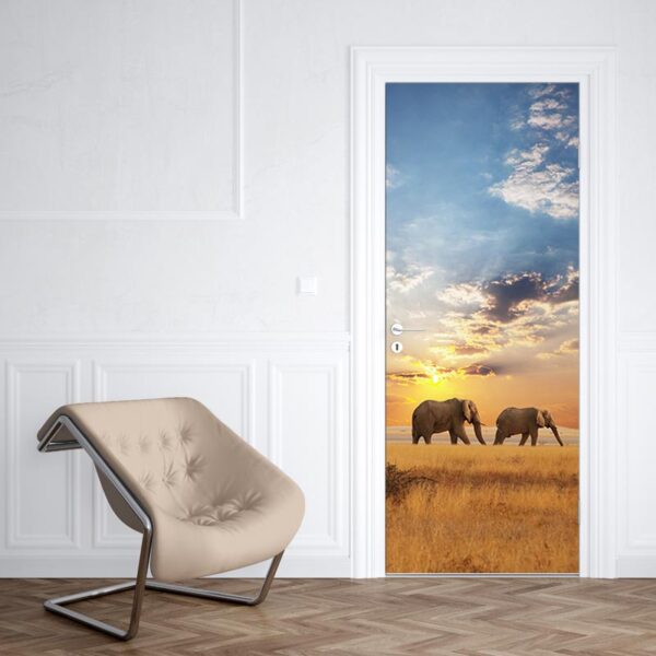 Adesivo per porta Elefanti al tramonto