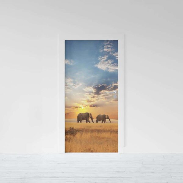 Adesivo per porta Elefanti al tramonto