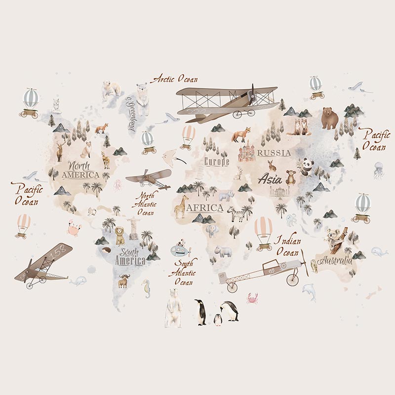 Carta da parati mappa del mondo animali simpatici