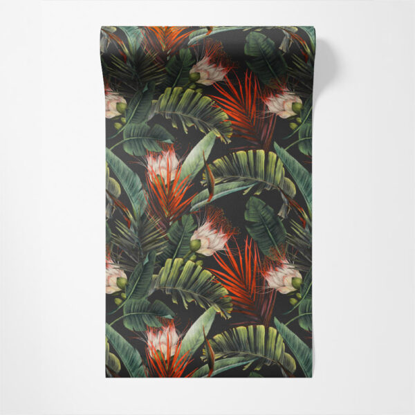 Carta da parati Foglie tropicali e fiori motivo grande